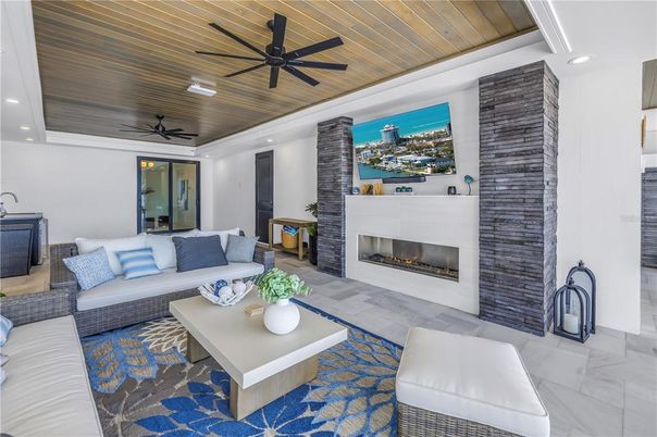 Fireplace, Interior, Living room, Marble, Recessed Lighting, Wooden Ceilings