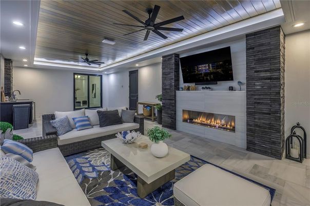 Fireplace, Interior, Living room, Recessed Lighting, Wooden Ceilings
