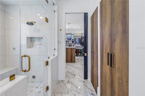 Bathroom, Glass Shower, Interior, Marble, Recessed Lighting