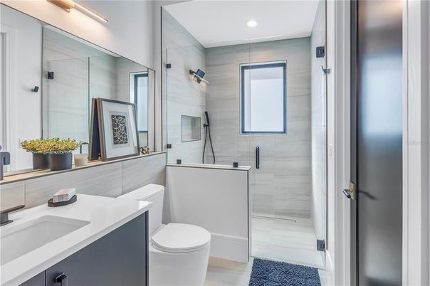 Bathroom, Glass Shower, Interior, Recessed Lighting