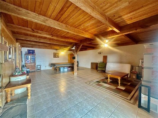 Billiard Table, Game Room, Interior, Stone Walls, Wooden Beams, Wooden Ceilings