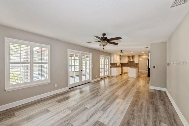Empty room, Interior, Kitchen, Recessed Lighting, Wood Texture Flooring