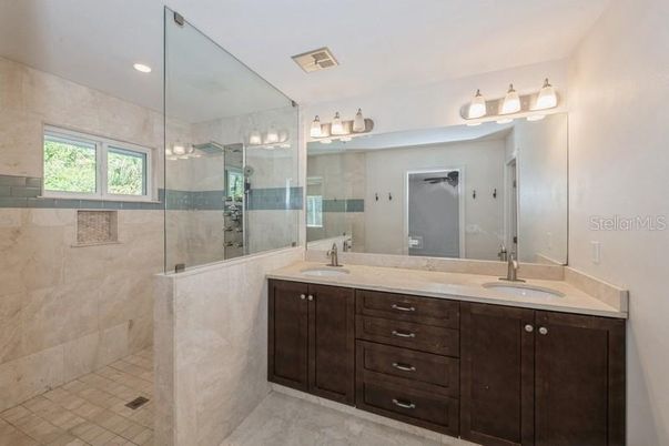 Bathroom, Dual Sink Vanities, Glass Shower, Interior, Recessed Lighting
