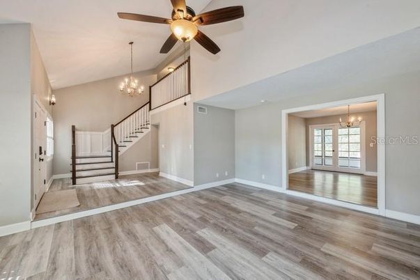 Chandelier, Empty room, Interior, Wood Texture Flooring