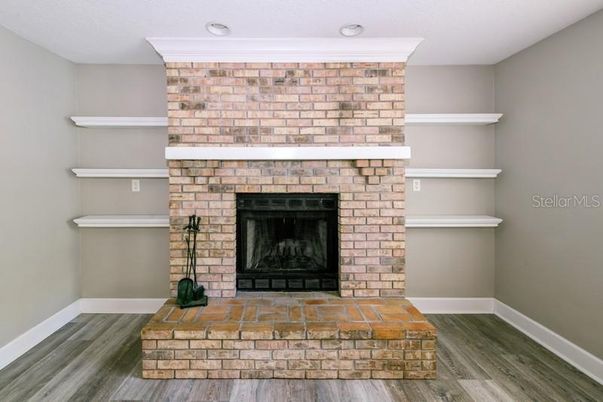 Fireplace, Interior, Recessed Lighting, Wood Texture Flooring