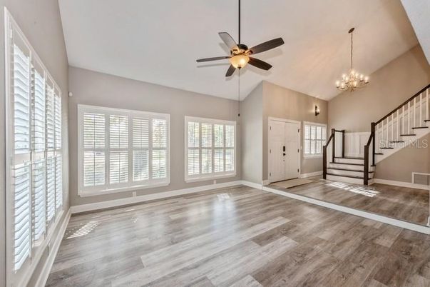 Chandelier, Empty room, Interior, Pendant Lights, Wood Texture Flooring