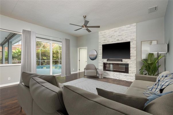 Fireplace, Interior, Living room, Stone Walls, Wood Texture Flooring