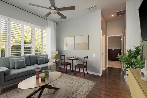 Dining room, Interior, Living room, Recessed Lighting, Wood Texture Flooring