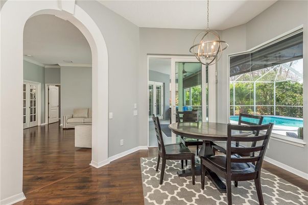 Chandelier, Dining room, Interior, Wood Texture Flooring