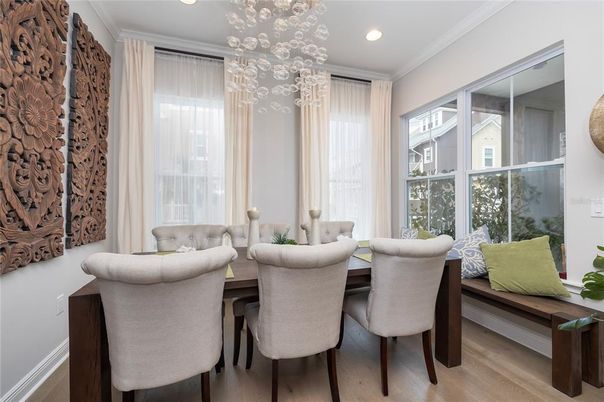 Dining room, Interior, Pendant Lights, Recessed Lighting, Wood Texture Flooring