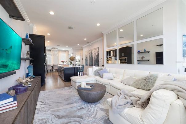 Dining room, Interior, Kitchen, Living room, Recessed Lighting, Wood Texture Flooring