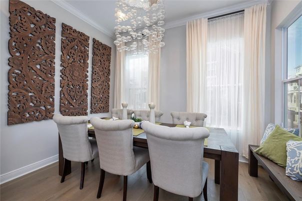 Dining room, Interior, Pendant Lights, Wood Texture Flooring