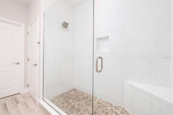 Bathroom, Glass Shower, Interior, Wood Texture Flooring