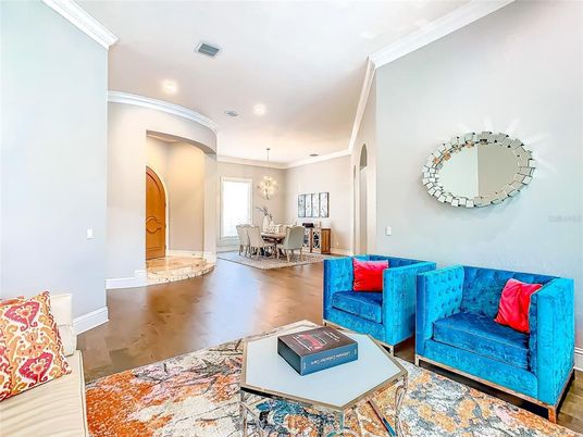 Chandelier, Dining room, Interior, Living room, Recessed Lighting, Wood Texture Flooring