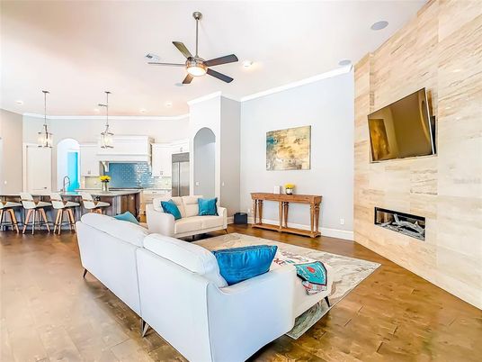 Fireplace, Interior, Kitchen, Living room, Pendant Lights, Recessed Lighting, Wood Texture Flooring