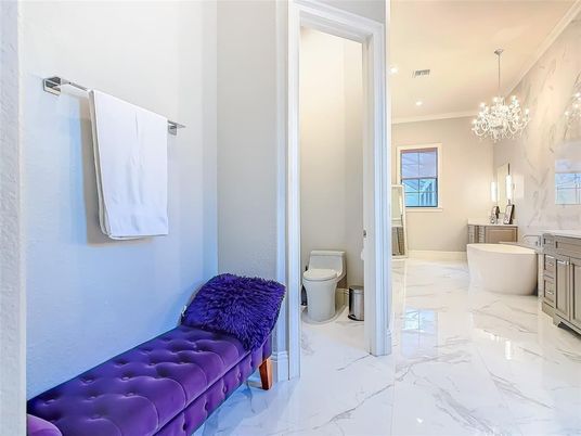 Bathroom, Chandelier, Free Standing Baths, Interior, Marble, Marble Walls, Recessed Lighting