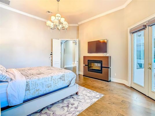 Bedroom, Chandelier, Fireplace, Interior, Wood Texture Flooring