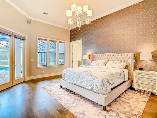 Bedroom, Chandelier, Interior, Wood Texture Flooring