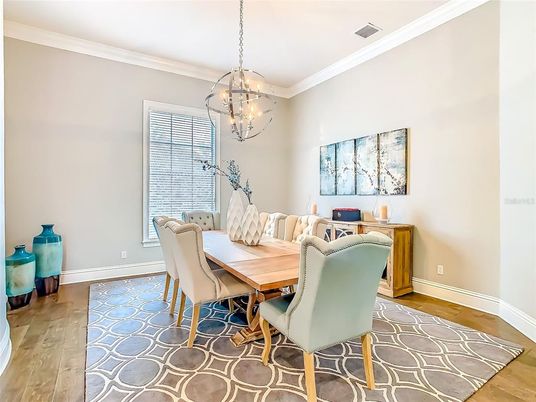 Chandelier, Dining room, Interior, Pendant Lights, Wood Texture Flooring