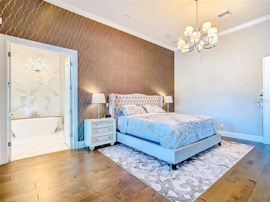 Bathroom, Bedroom, Chandelier, Interior, Marble, Marble Walls, Recessed Lighting, Wood Texture Flooring