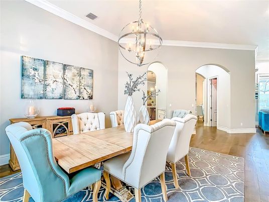 Chandelier, Dining room, Interior, Pendant Lights, Wood Texture Flooring