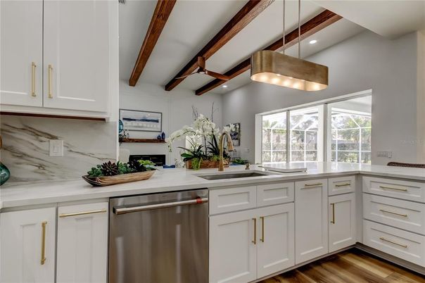 Interior, Kitchen, Pendant Lights, Recessed Lighting, Stainless Steel Appliances, Wooden Beams, Wood Texture Flooring