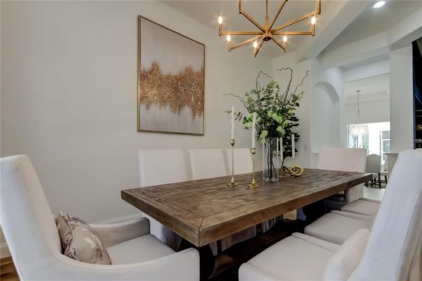 Dining room, Interior, Pendant Lights, Wood Texture Flooring