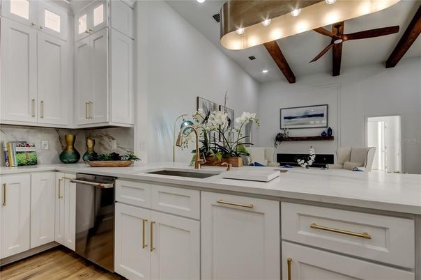 Interior, Kitchen, Recessed Lighting, Stainless Steel Appliances, Wooden Beams, Wood Texture Flooring