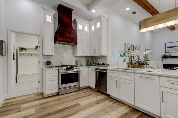 Interior, Kitchen, Recessed Lighting, Stainless Steel Appliances, Wooden Beams, Wood Texture Flooring
