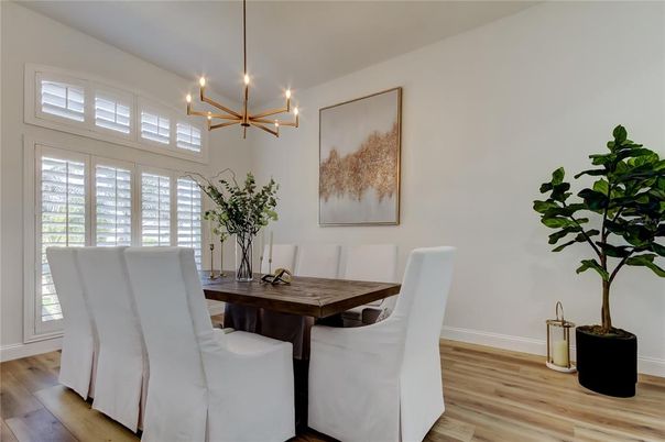Dining room, Interior, Pendant Lights, Wood Texture Flooring