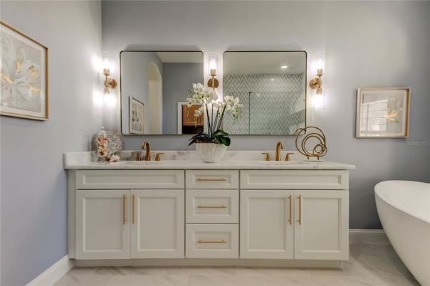 Bathroom, Dual Sink Vanities, Free Standing Baths, Interior, Marble