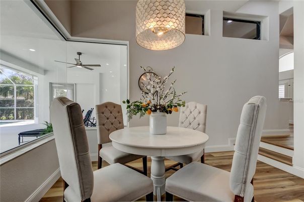 Dining room, Interior, Recessed Lighting, Wood Texture Flooring