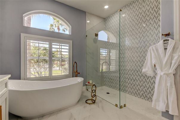 Bathroom, Free Standing Baths, Glass Shower, Interior, Marble, Marble Walls, Recessed Lighting