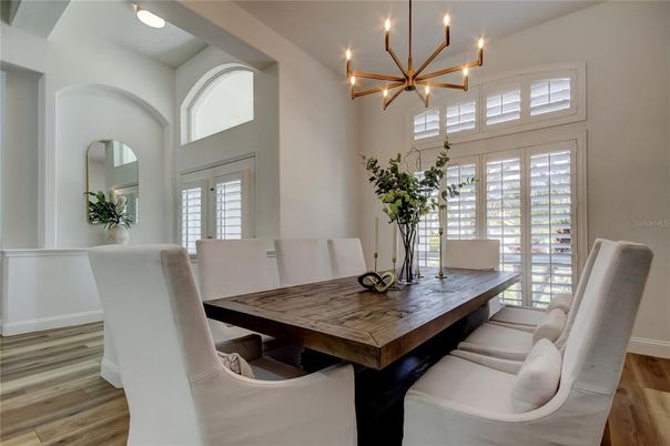 Chandelier, Dining room, Interior, Pendant Lights, Wood Texture Flooring