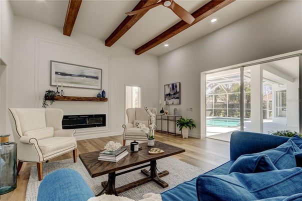 Fireplace, Interior, Living room, Recessed Lighting, Wooden Beams, Wood Texture Flooring