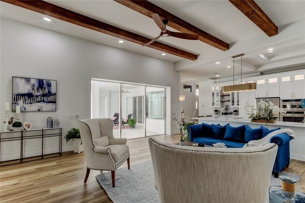 Interior, Kitchen, Living room, Pendant Lights, Recessed Lighting, Stainless Steel Appliances, Wooden Beams, Wood Texture Flooring
