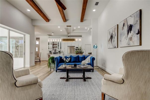 Interior, Kitchen, Living room, Pendant Lights, Recessed Lighting, Stainless Steel Appliances, Wooden Beams, Wood Texture Flooring