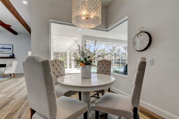 Dining room, Interior, Recessed Lighting, Wood Texture Flooring