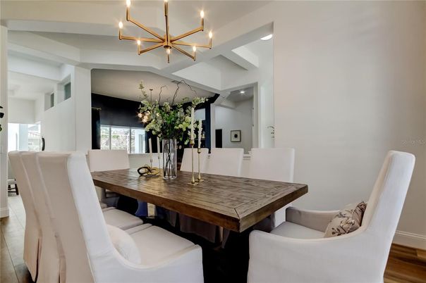 Dining room, Interior, Pendant Lights, Wood Texture Flooring