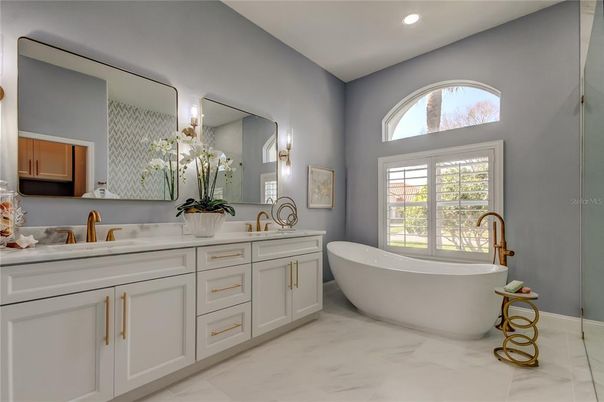 Bathroom, Dual Sink Vanities, Free Standing Baths, Interior, Marble, Recessed Lighting