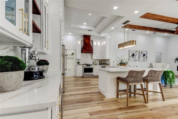 Interior, Kitchen, Pendant Lights, Recessed Lighting, Stainless Steel Appliances, Wooden Beams, Wood Texture Flooring