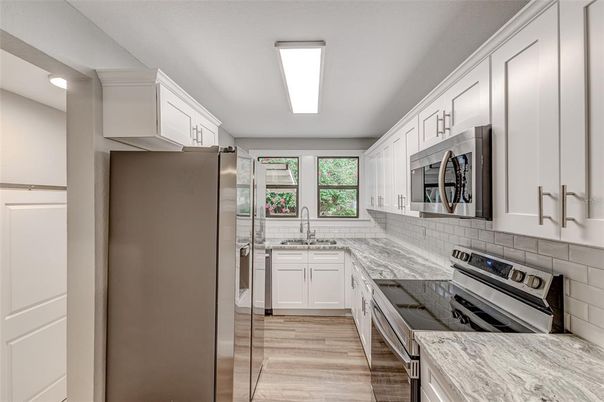 Interior, Kitchen, Stainless Steel Appliances, Wood Texture Flooring