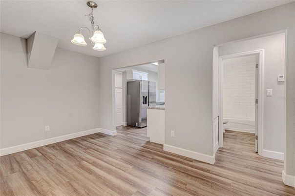 Chandelier, Empty room, Interior, Kitchen, Wood Texture Flooring