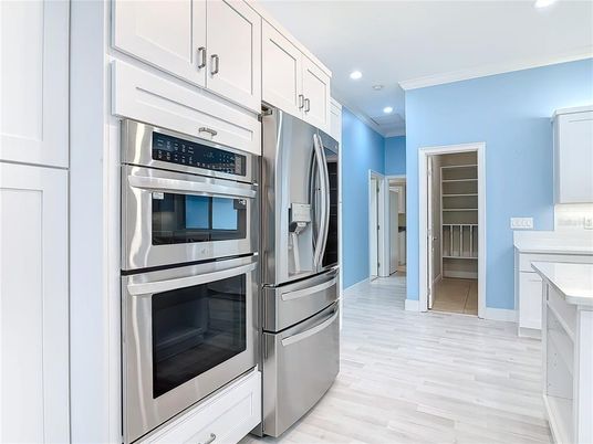 Interior, Kitchen, Recessed Lighting, Stainless Steel Appliances, Wood Texture Flooring