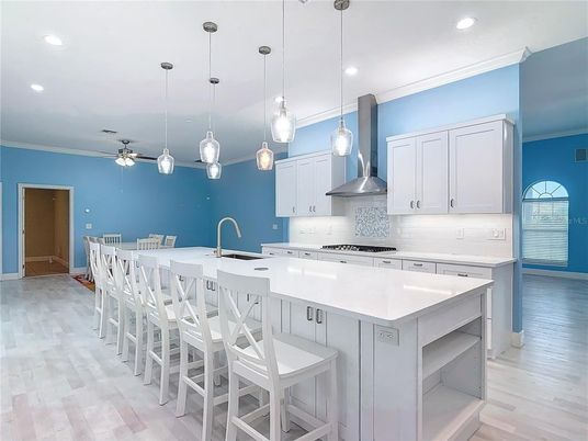 Dining room, Interior, Kitchen, Pendant Lights, Recessed Lighting, Wood Texture Flooring
