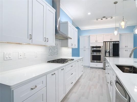 Interior, Kitchen, Pendant Lights, Recessed Lighting, Stainless Steel Appliances, Wood Texture Flooring