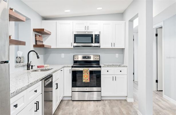 Interior, Kitchen, Recessed Lighting, Stainless Steel Appliances, Wood Texture Flooring