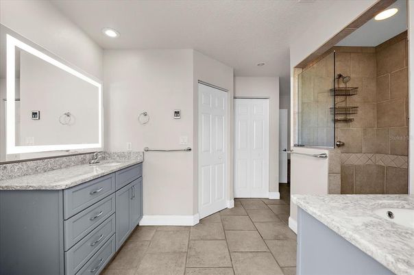 Bathroom, Dual Sink Vanities, Glass Shower, Interior, Recessed Lighting