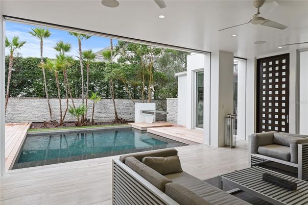Interior, Pool, Recessed Lighting, Sun Room, Wood Texture Flooring