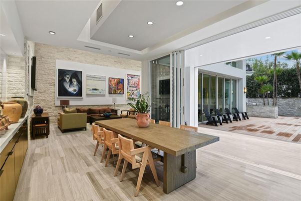 Dining room, Interior, Living room, Recessed Lighting, Stone Walls, Wood Texture Flooring